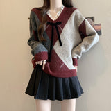 Wine Red Riger Sweater Woman 2025 Spring New Large-Size Fat Lys V Collar Knitted Christmas Shirt Retro Top HZ1208