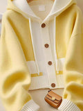 Vintage Style Yellow Splicing Hood Design Sweater Coat Knitted Cardigan Showing Lean Long Sleeves Loose Casual Top HZ1208
