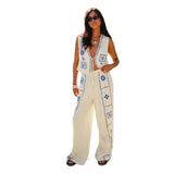 2025 Fashion New Ladies Print Set Of Art Retro Sleeveless Top Broad Leg Pants Two Sets HZ1208