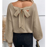 Women's V-Neck Solid Color Sweater Autumn New Long-Sleeved Casual Loose Bow Top Woman HZ1208