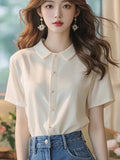 Korean Chic Super-Looking White POLO Collar Short-Sleeved Shirt Women's Summer Unique Beauty Loose Thin Top HZ1208