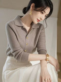 Coffee-Colored Polo Collar Long-Sleeved Knitted Shirt 2025 European Blouse French Elegant Thin Outer Wear Bottom Sweater Woman HZ1208
