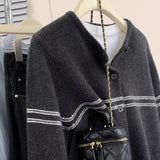 Clamming Striped Wool Knitted Cardigan Women's Autumn Coat 2025 New Spliced Sweater Jacket Bottom Shirt Tide HZ1208