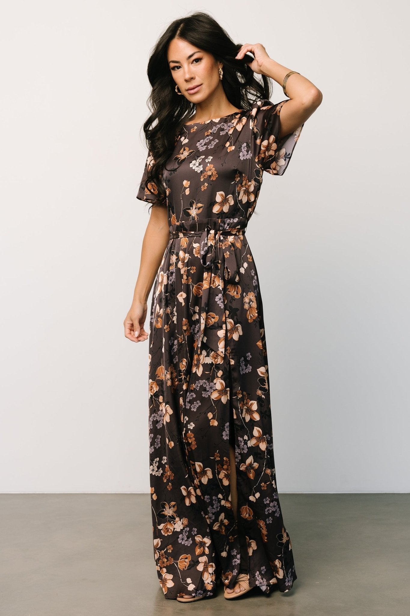 Agnes Satin Maxi Dress | Brown Floral