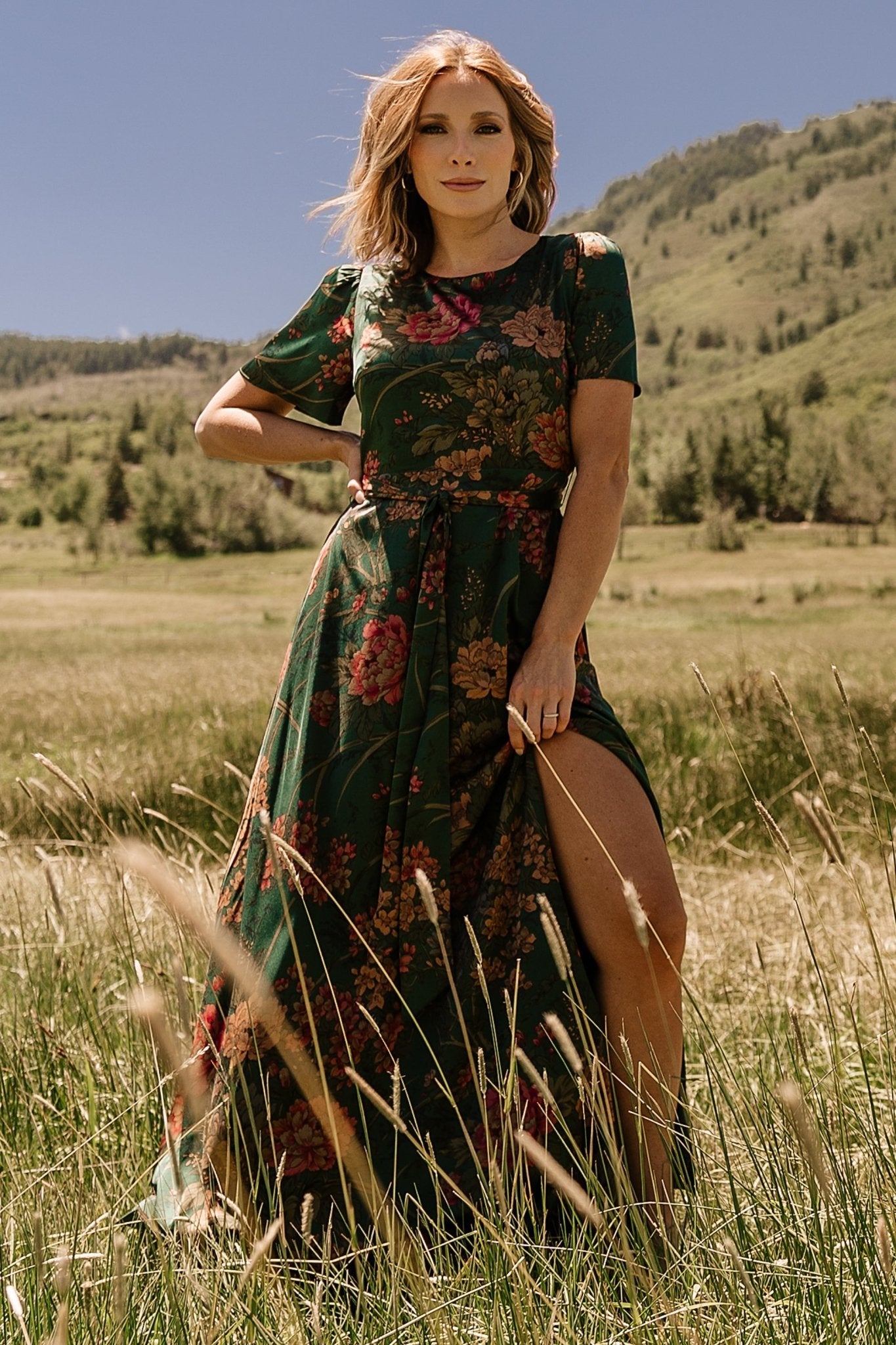 Agnes Satin Maxi Dress | Dark Green Floral