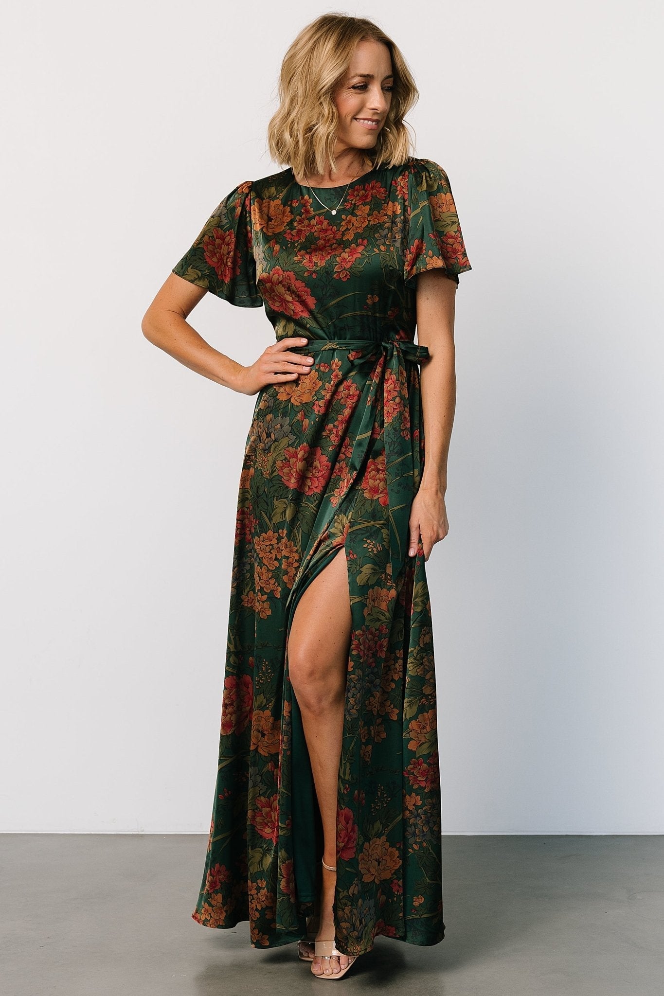 Agnes Satin Maxi Dress | Dark Green Floral