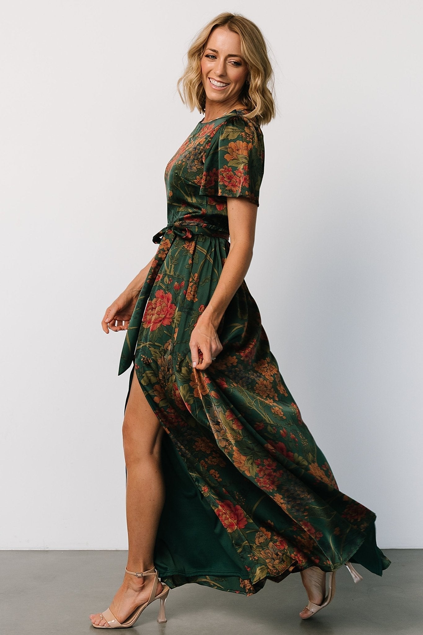 Agnes Satin Maxi Dress | Dark Green Floral