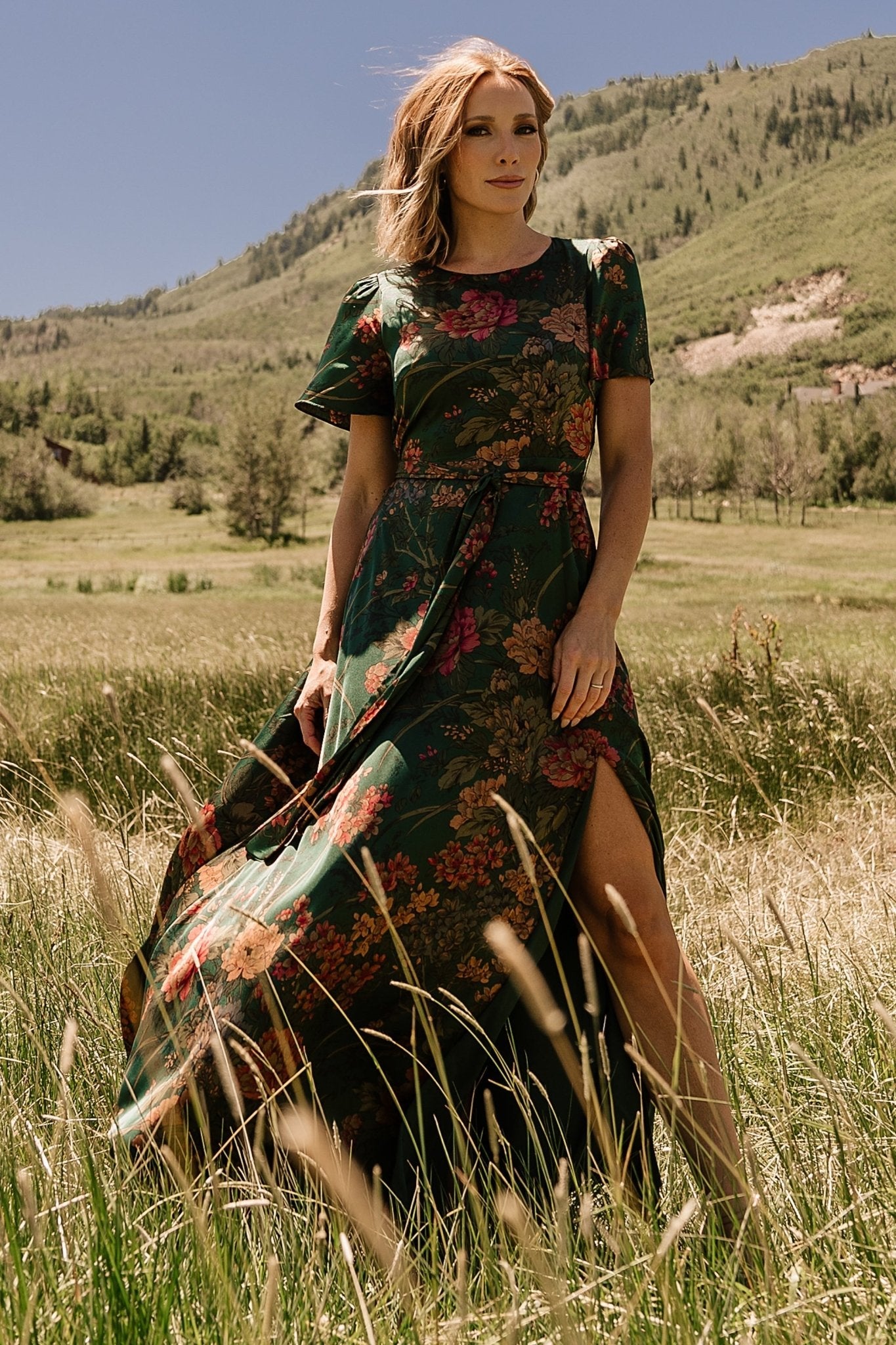 Agnes Satin Maxi Dress | Dark Green Floral