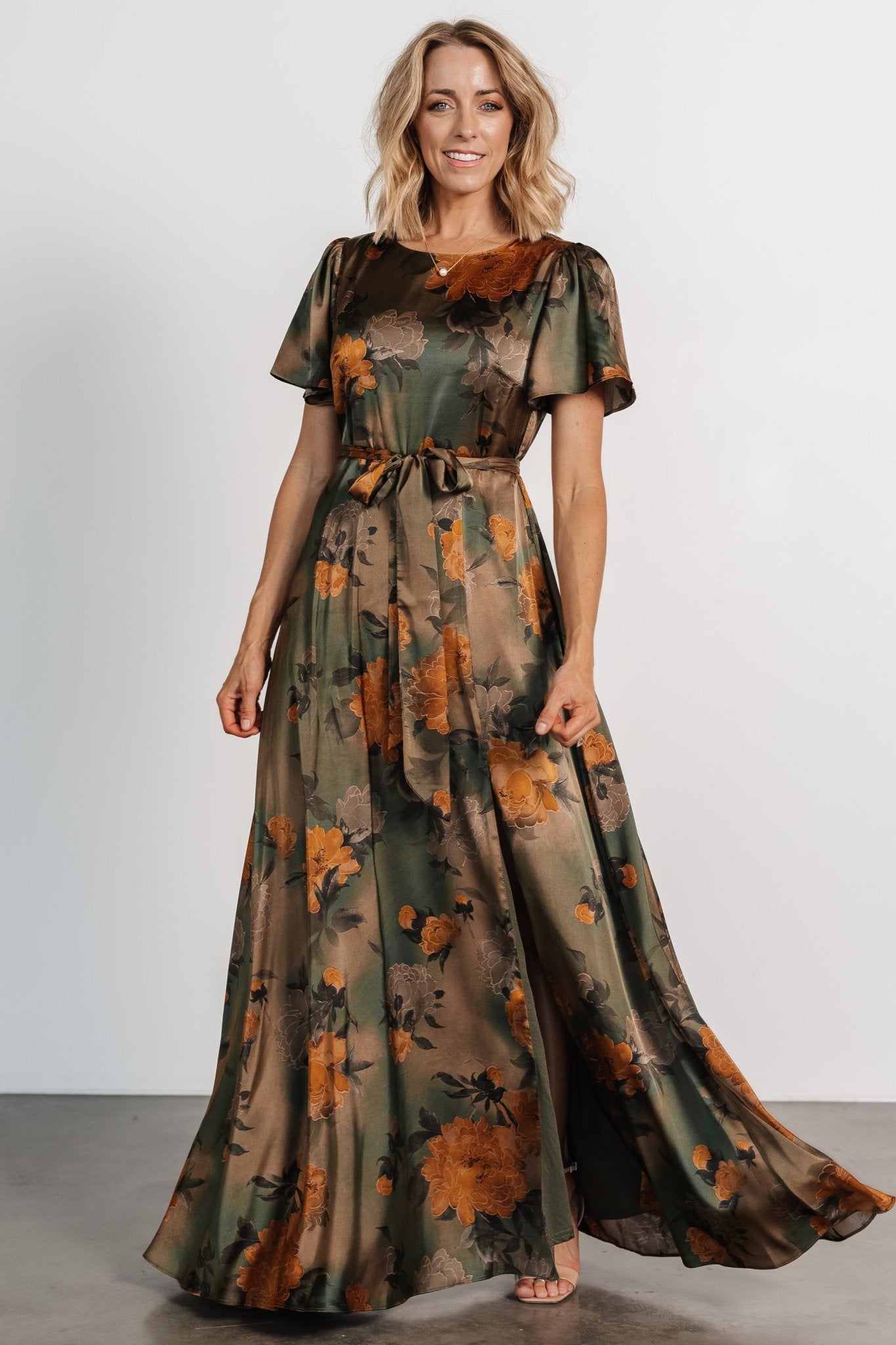 Agnes Satin Maxi Dress | Olive Floral