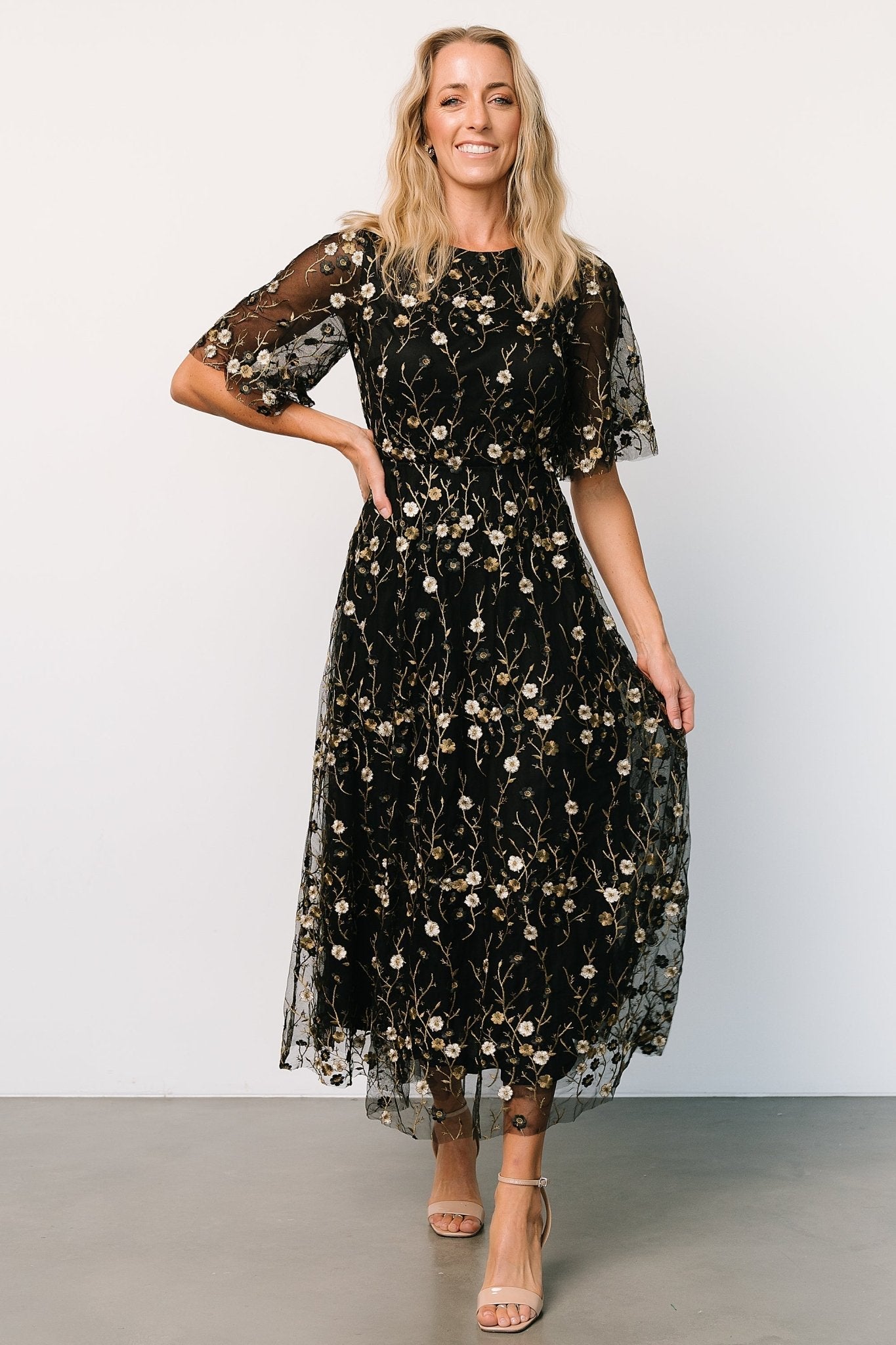 Arabella Embroidered Tulle Maxi Dress | Gold + Black