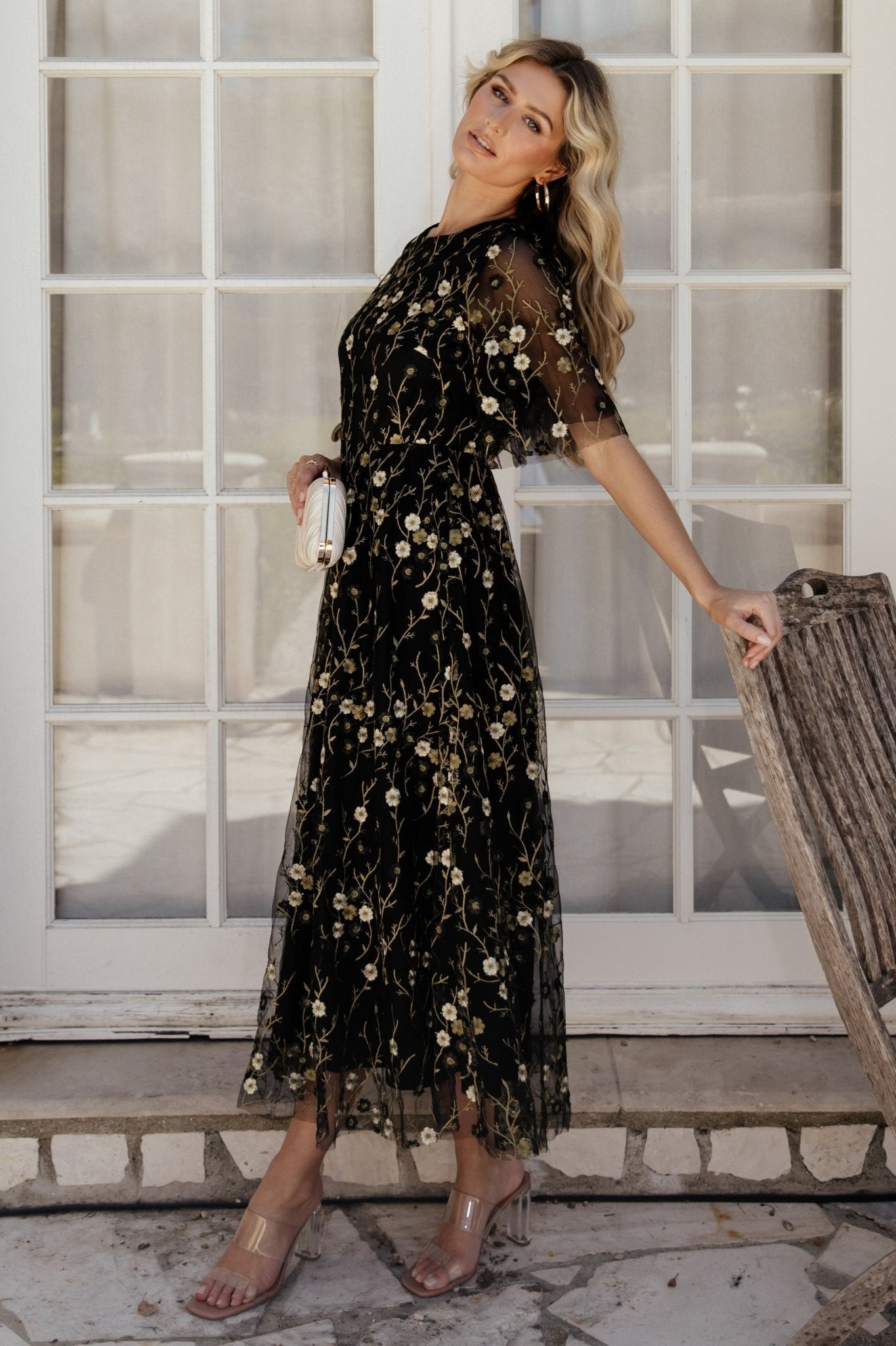 Arabella Embroidered Tulle Maxi Dress | Gold + Black