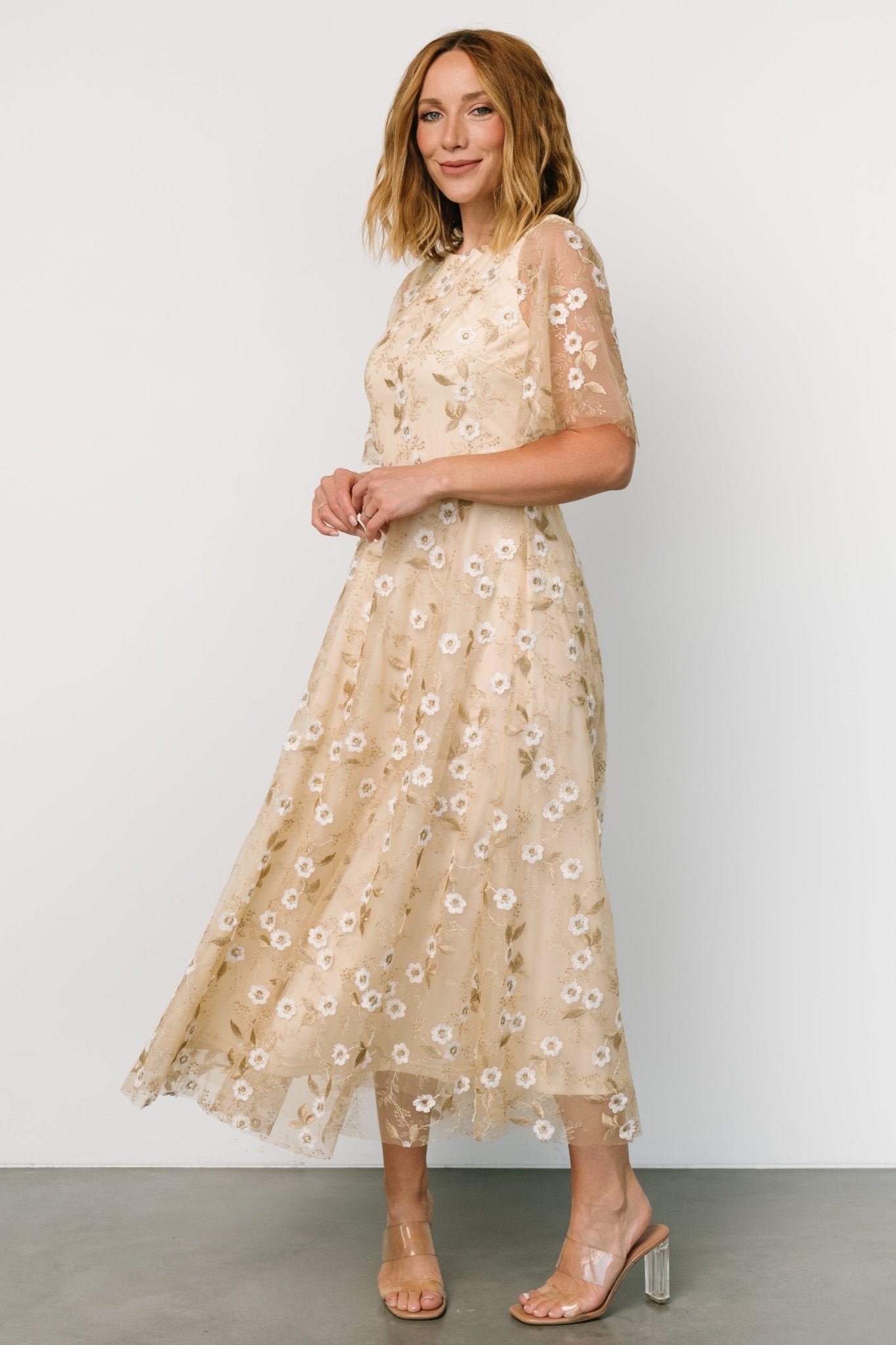 Arabella Embroidered Tulle Maxi Dress | Gold + White