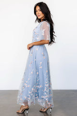 Arabella Embroidered Tulle Maxi Dress | Light Blue + Blush