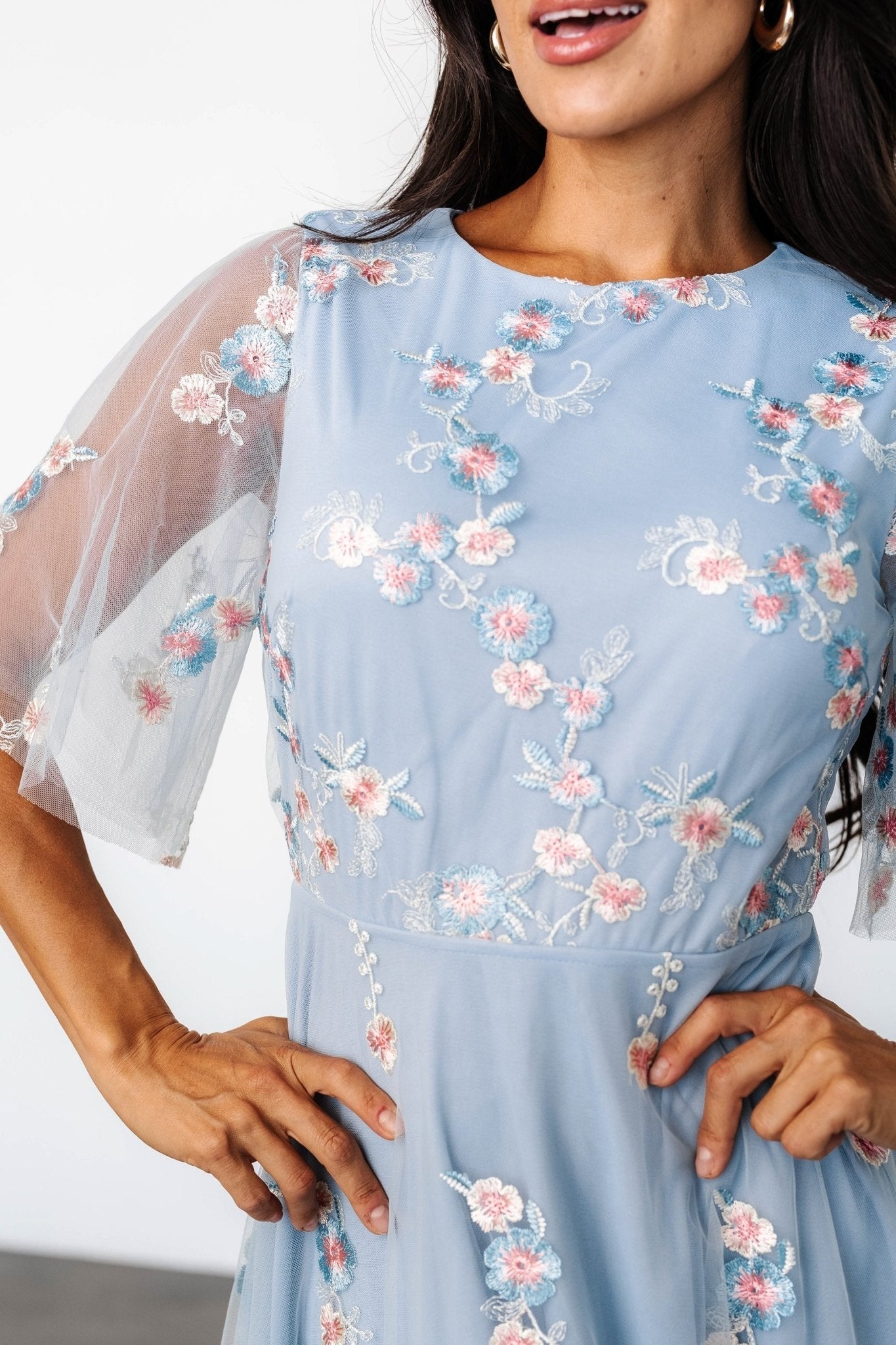 Arabella Embroidered Tulle Maxi Dress | Light Blue + Blush