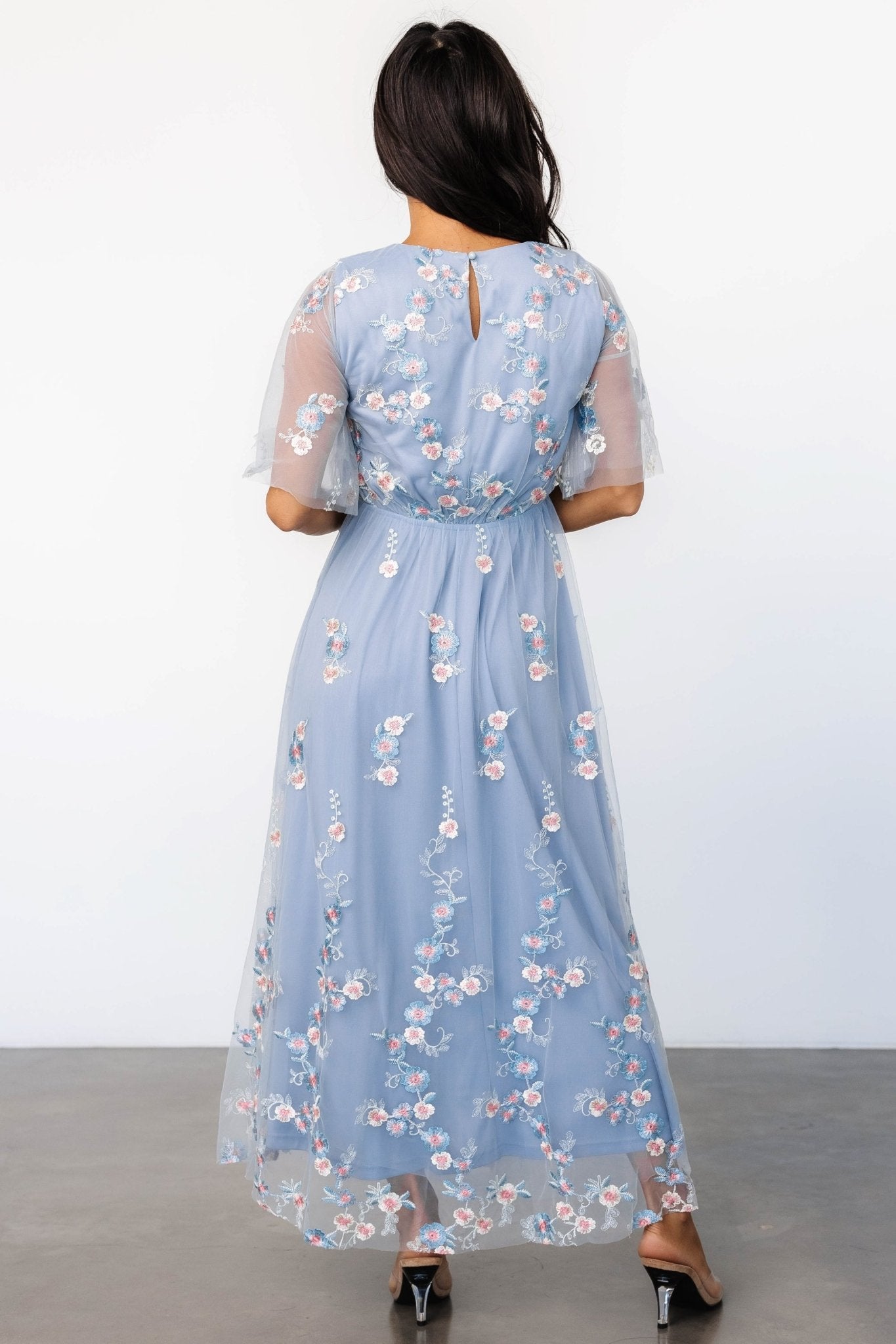 Arabella Embroidered Tulle Maxi Dress | Light Blue + Blush
