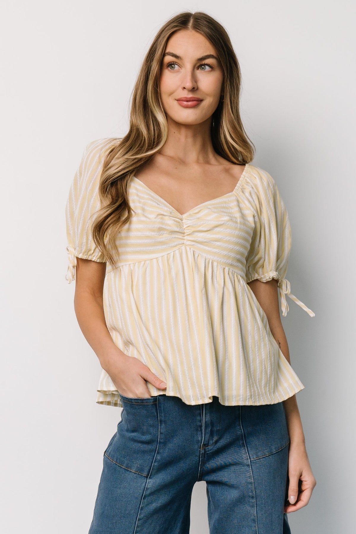 Betsy Peplum Top | Yellow + White Stripe
