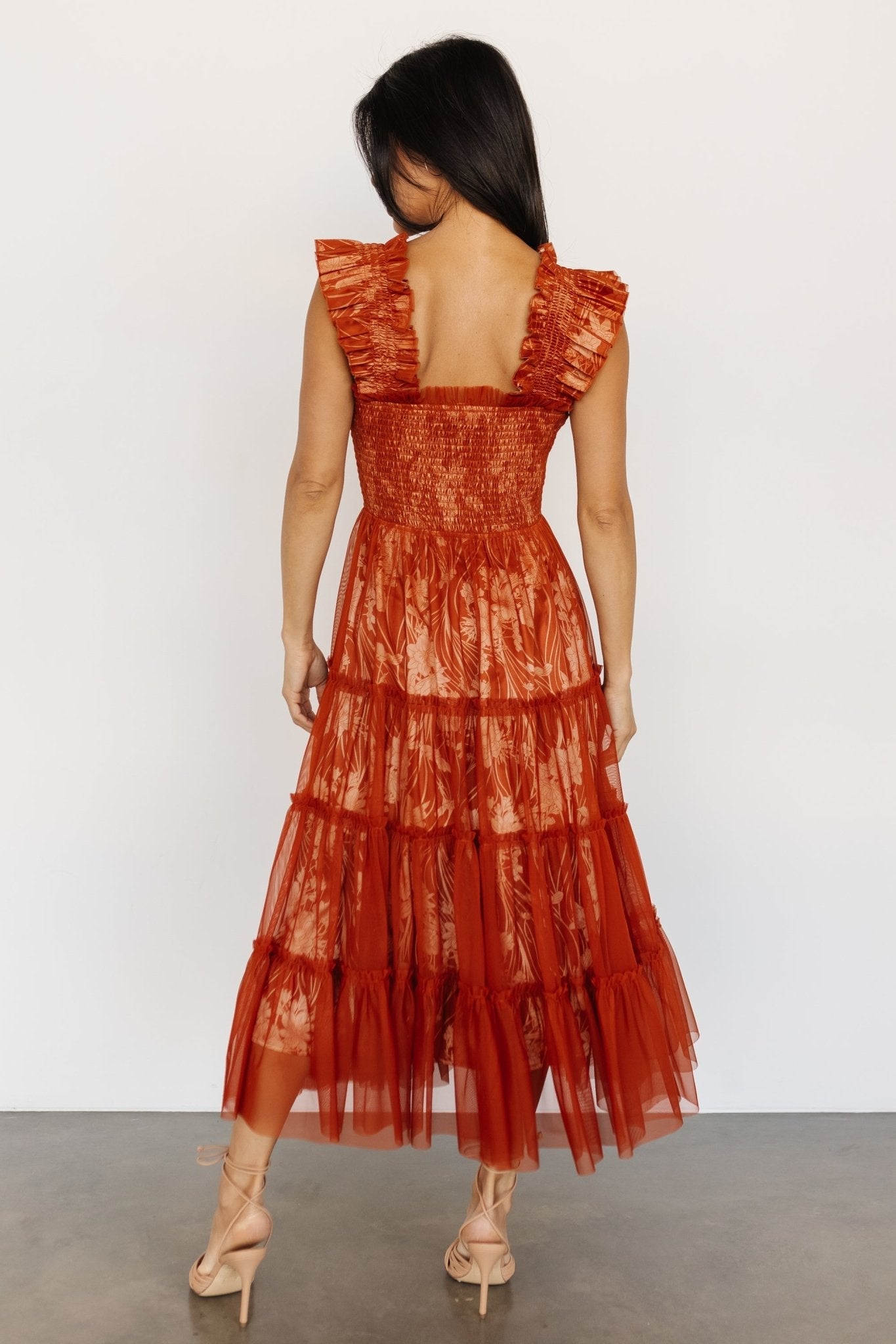 Cora Smocked Tulle Dress | Rust Floral
