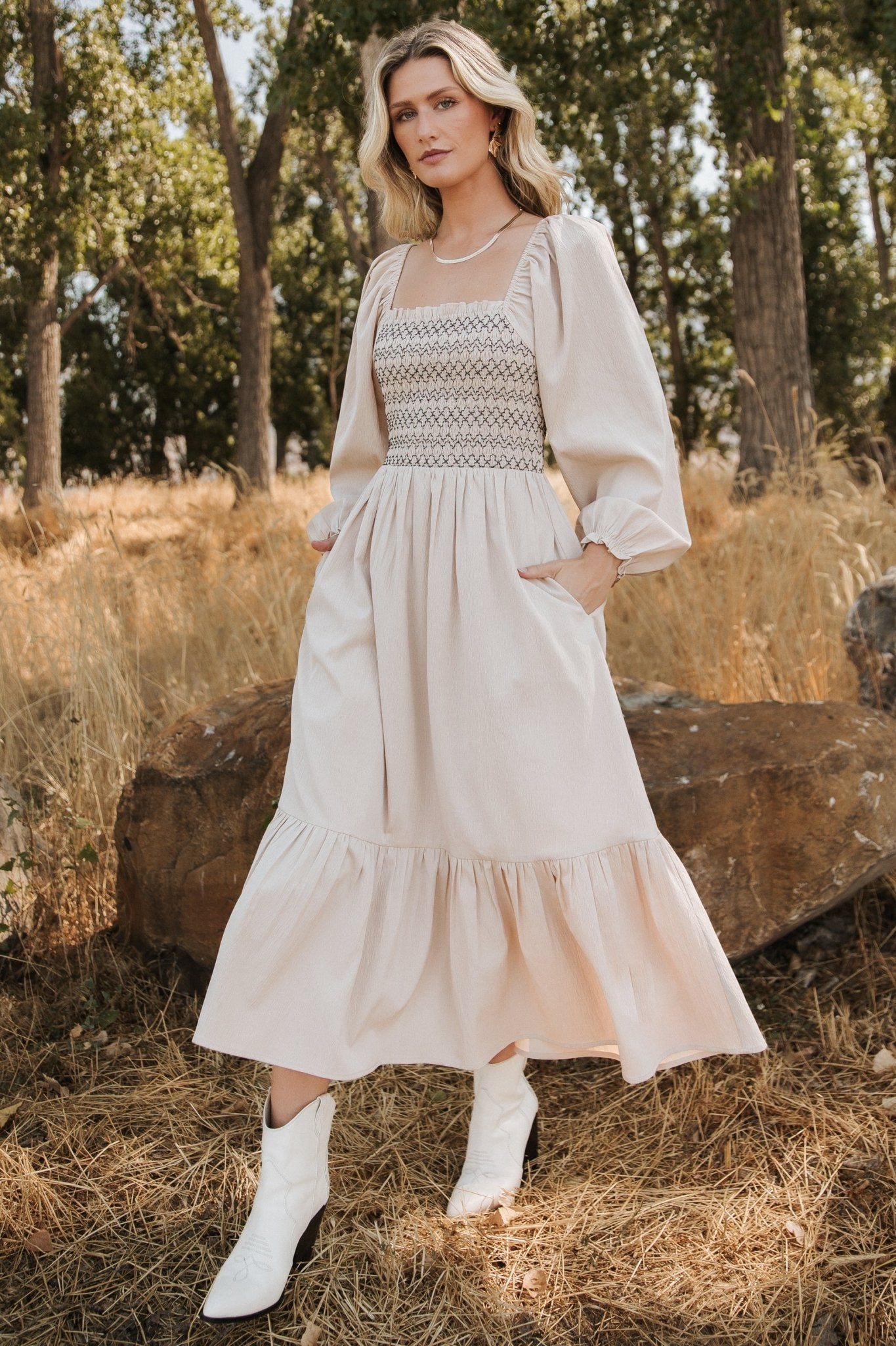 Emmeline Smocked Midi Dress | Natural