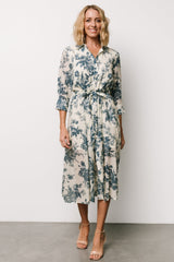 Eunice Button Midi Dress | Ivory + Blue Floral