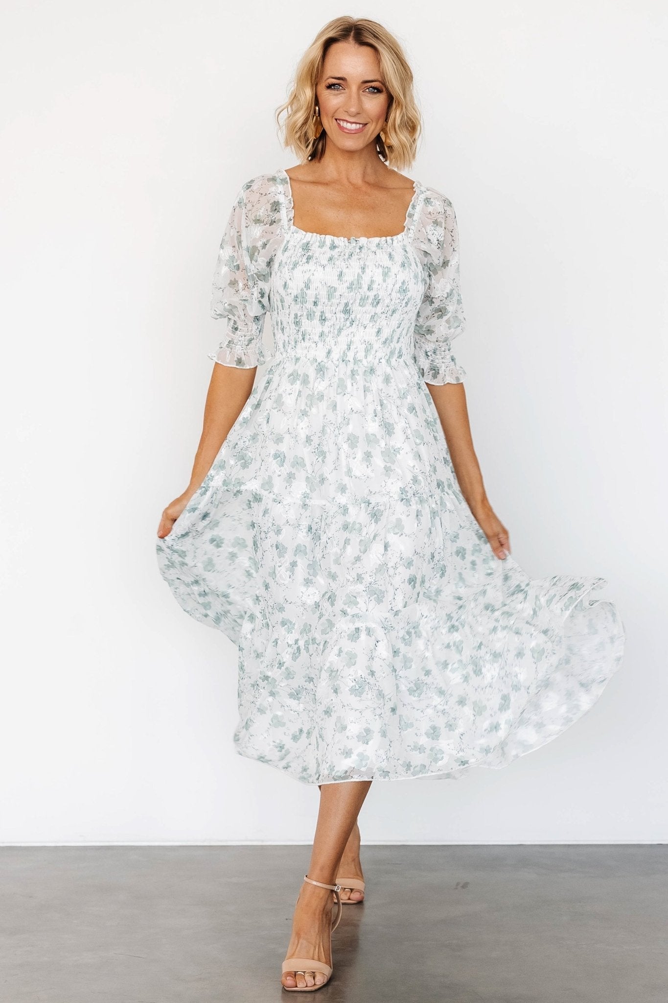 Fabian Jacquard Midi Dress | Off White + Sage Floral