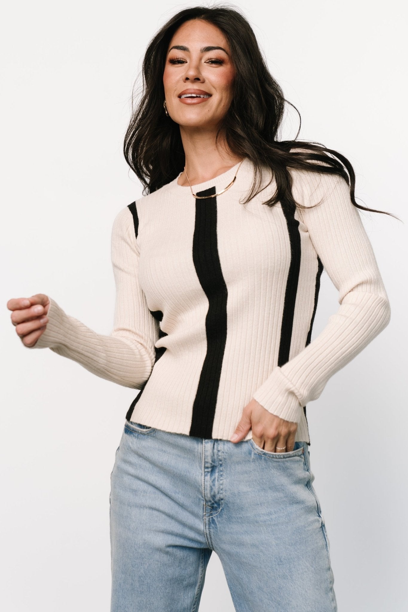 Jolene Ribbed Sweater Top | Natural + Black Stripe