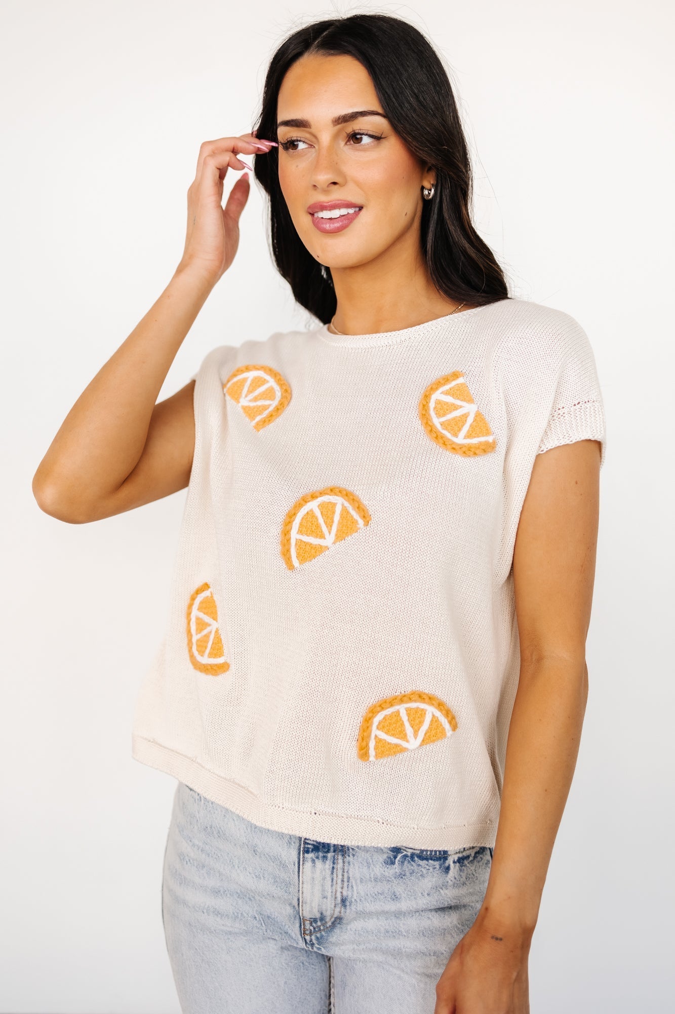 Lexie Knit Top | Cream + Orange Applique