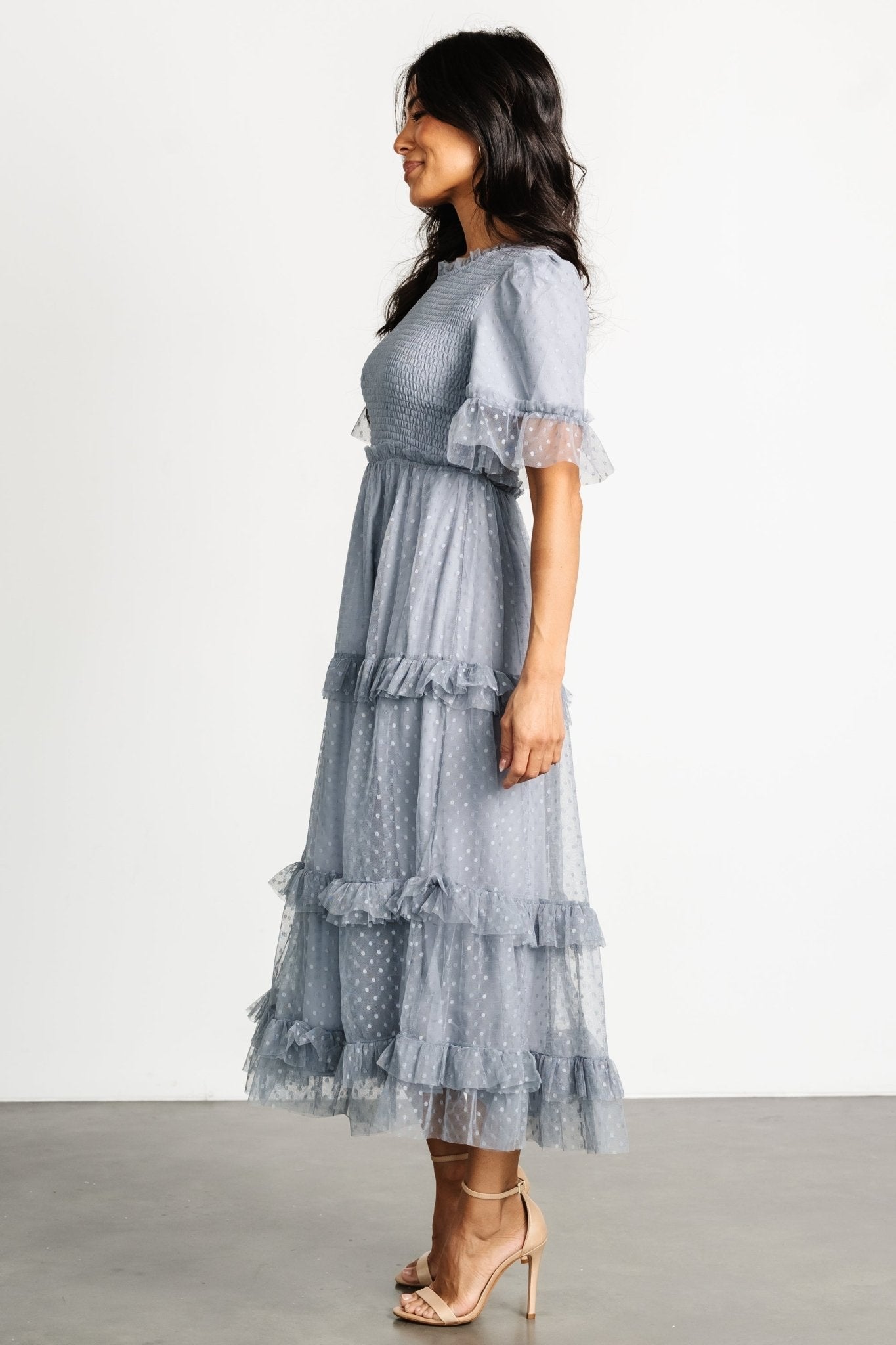 Lysandra Smocked Dot Dress | Dusty Slate
