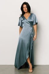 Vara Satin Maxi Wrap Dress | Dusty Blue