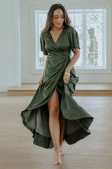 Vara Satin Maxi Wrap Dress | Juniper Green