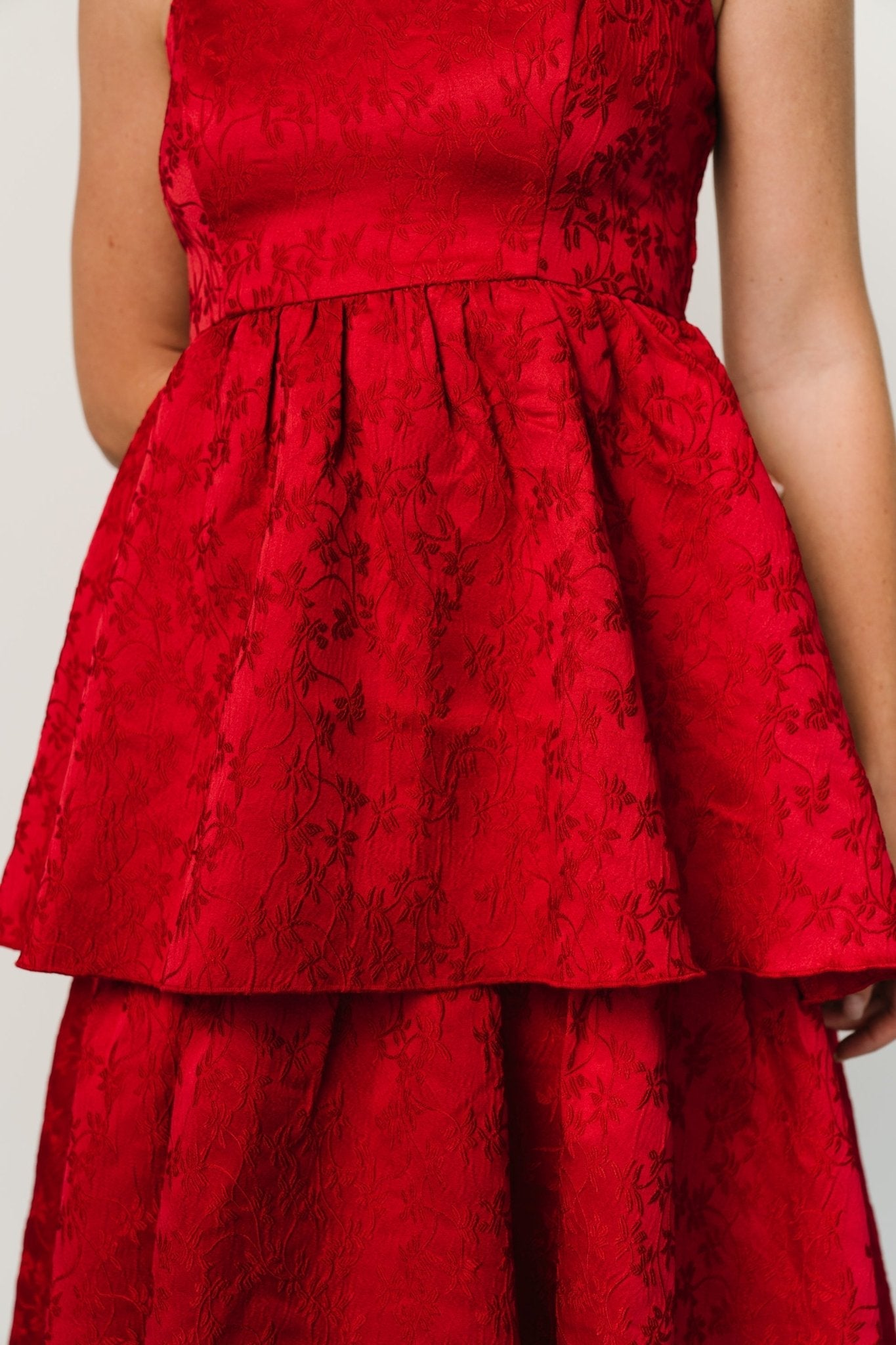 Violetta Embossed Tiered Dress | Deep Red