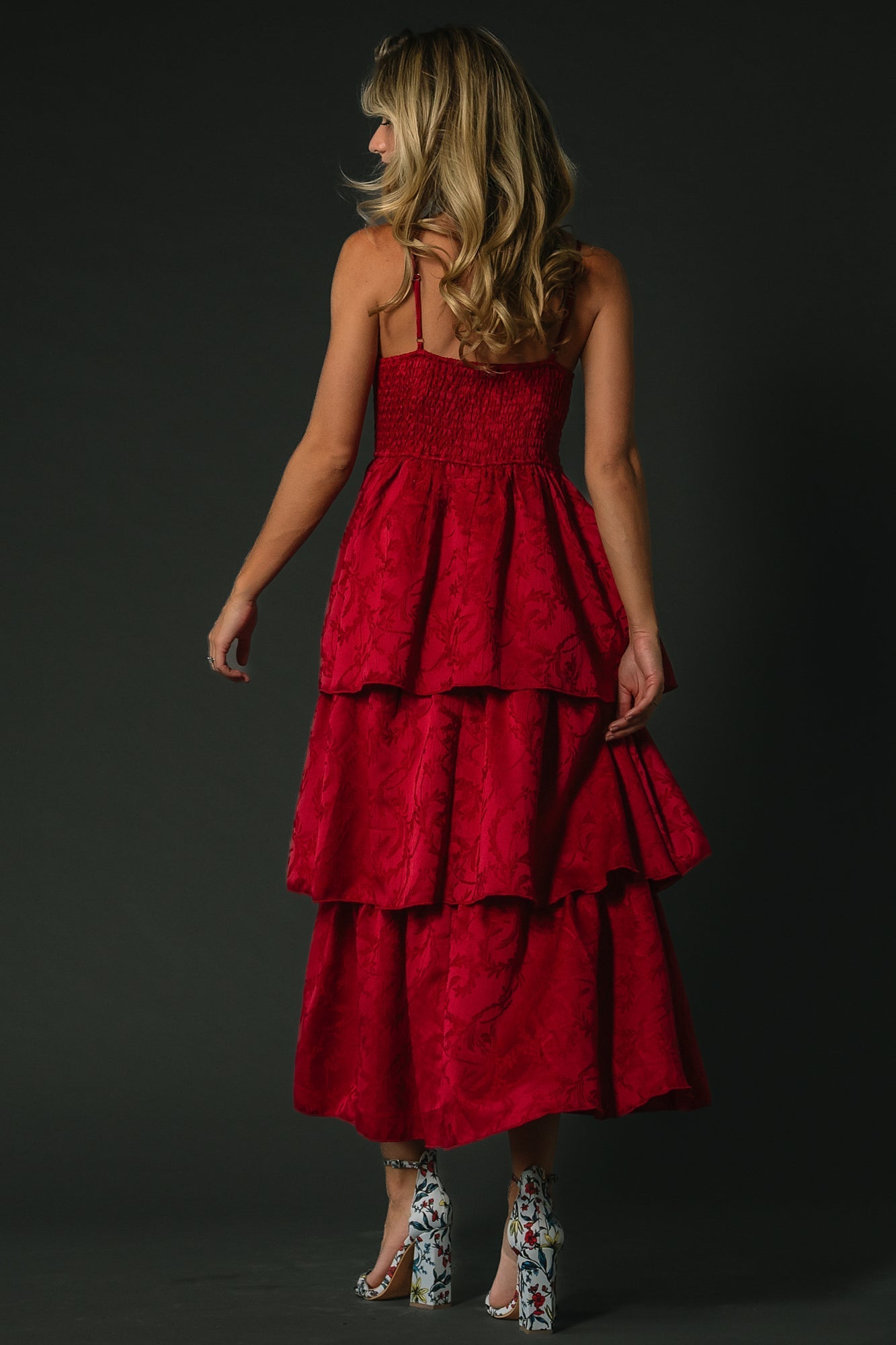 Violetta Embossed Tiered Dress | Deep Red